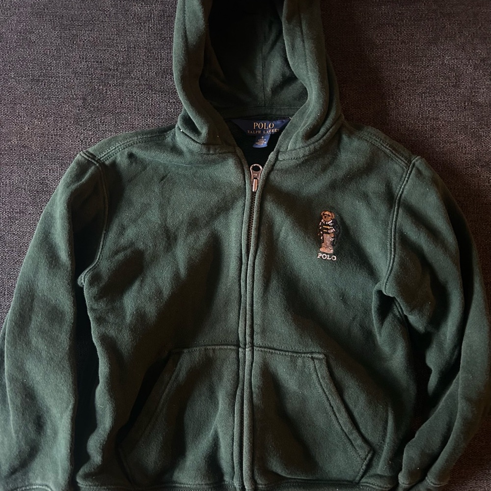 Polo Ralph Lauren Boys Hooded Fleece Sweatshirt Bear Zip Green Sweater sz 5